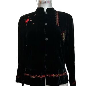 Vintage Patchington Velvet Velour Embroidered Jacket Black Silk Blend Size Small